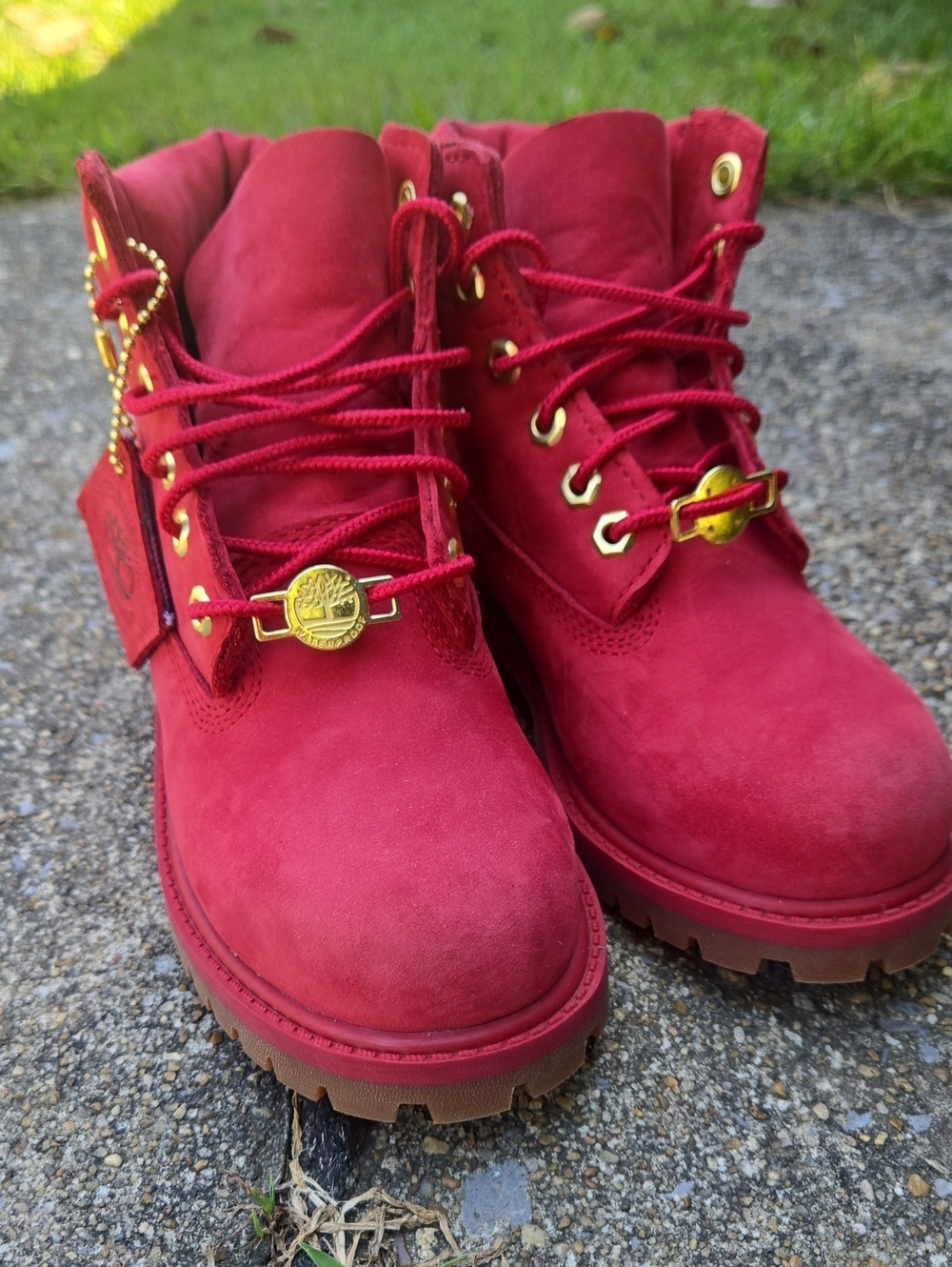 Timberland Women's Red Suede Lace-Up Waterproof Boots with Gold Hardware